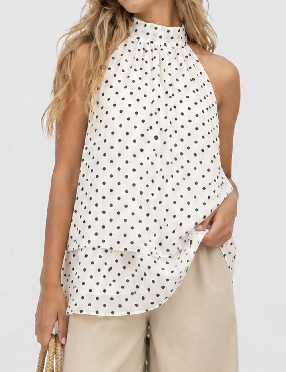 Ladies Chiffon Polka Dot Stand Neck Sleeveless Ruffle Hem Top