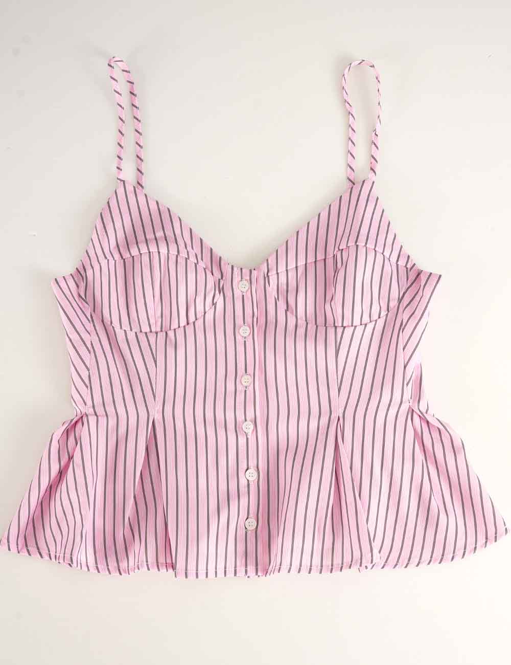 Ladies Chic Striped Spaghetti Strap Button Front Peplum Cami Top
