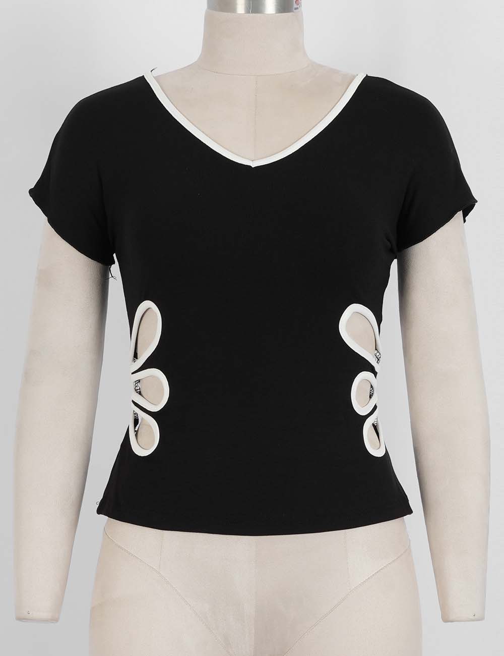 Ladies Color Block V-Neck Side Cutout Short Sleeves T-Shirt