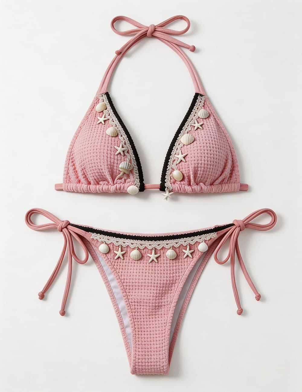 Ladies Waffle Shell Crochet Trim Halter Triangle 2 Piece Bikini Set