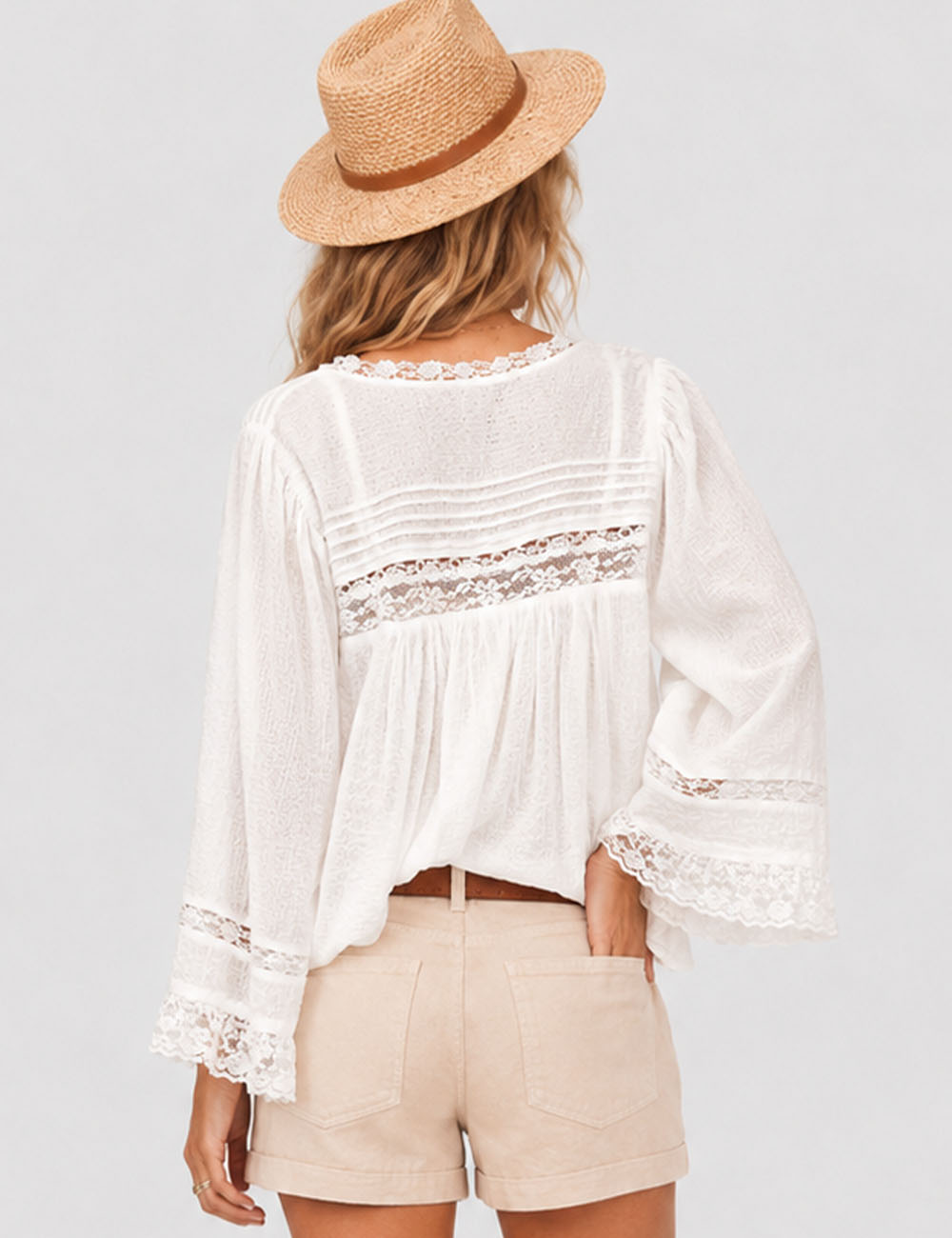 Ladies Solid Color Eyelets Ruffle Lace Blouse