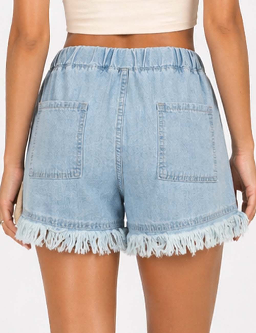 Ladies Solid Color Drawstring Waist Frayed Hem Denim Shorts