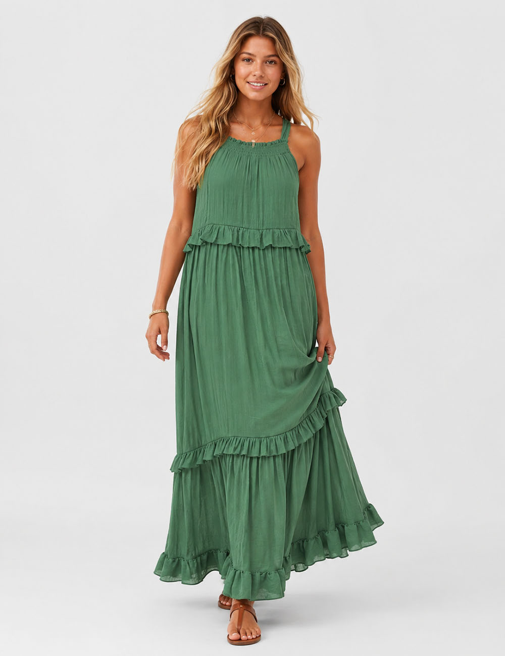 Ladies Boho Ruffle Tiered Hem Sleeveless Solid Color Maxi Dress
