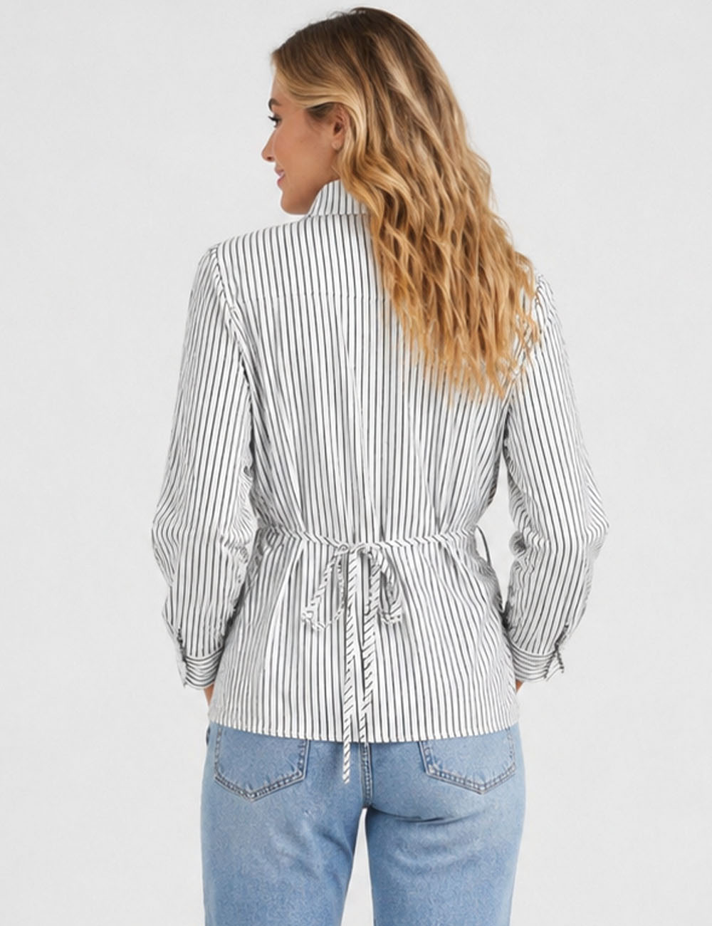 Ladies Striped Wrap V-Neck Tie Waist Long Sleeves Blouse