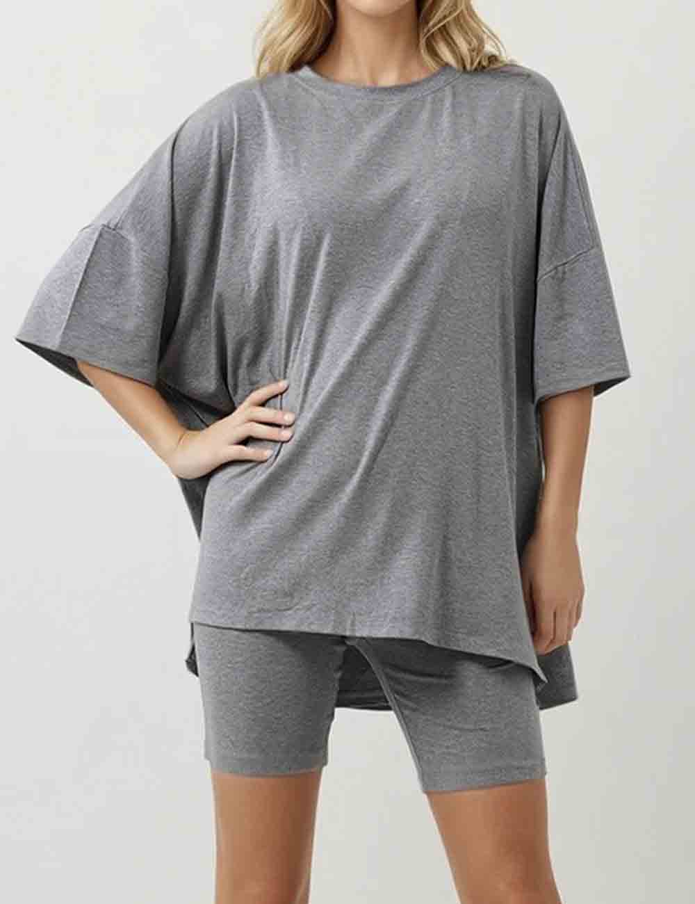 Ladies Solid Loungewear Outfits Loose Top & Slim Shorts Set