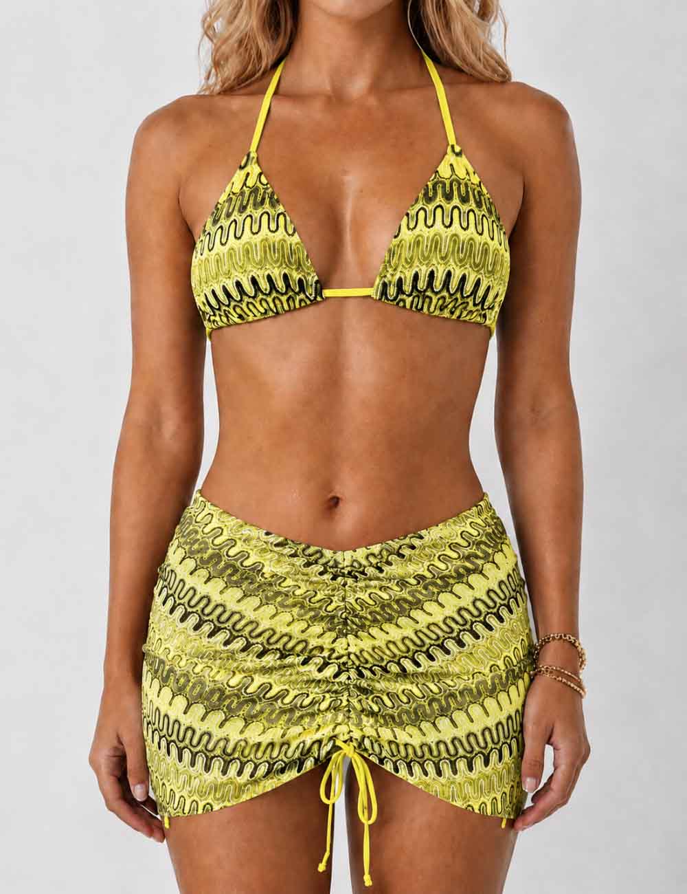 Ladies Wave Striped Knit Triangle Bikini Set with Cover Up Skirt