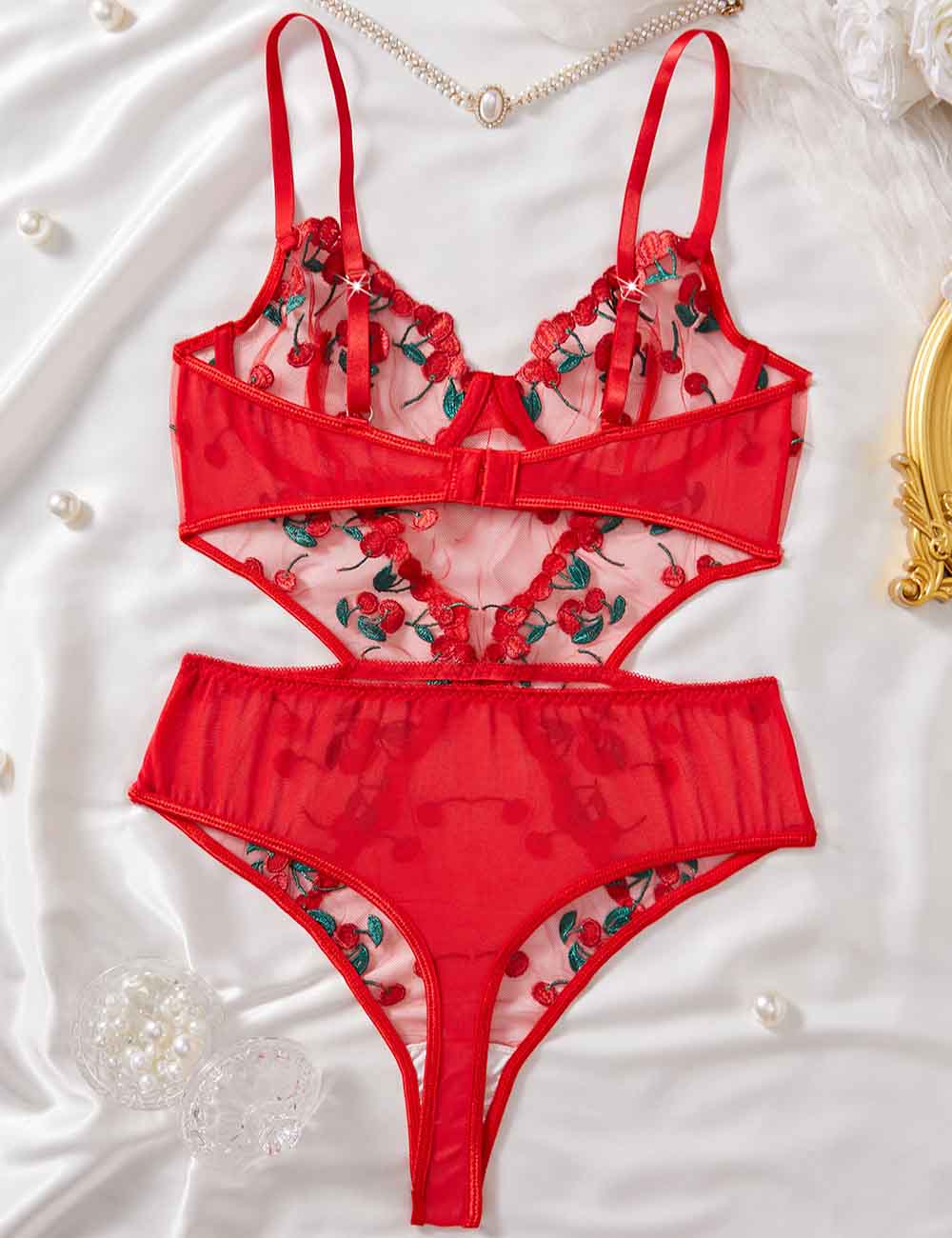 Ladies Sexy See Through Cherry Embroidery Lingerie Teddy