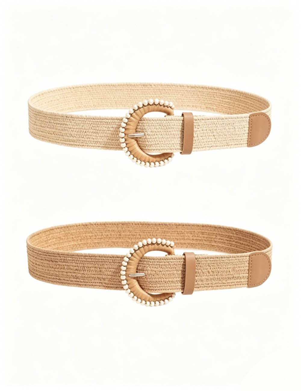 Ladies Boho Woven Straw Round Buckle Elastic Waist Belt