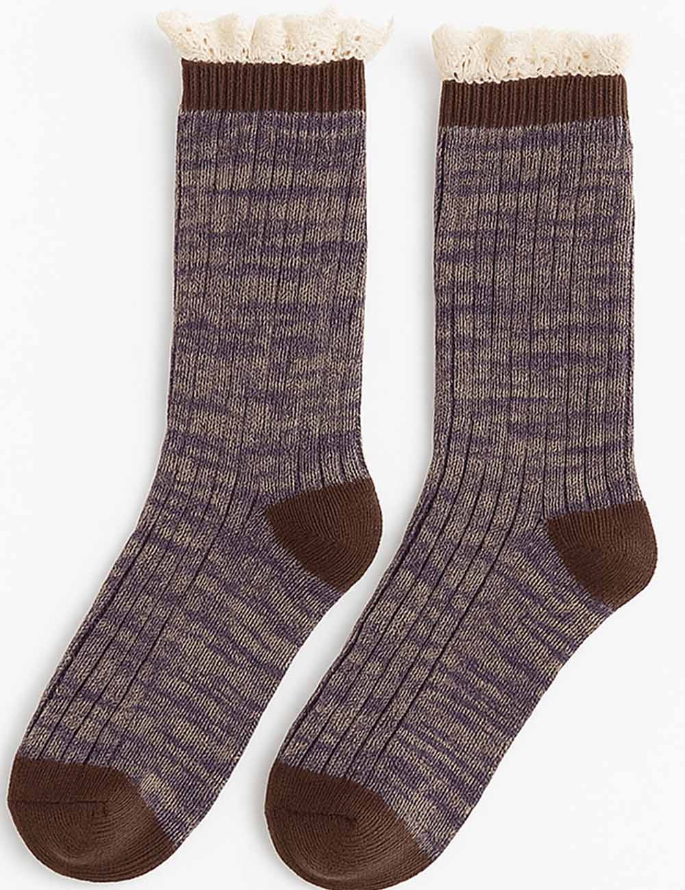 Ladies Vintage Ruffle Lace Trim Knit Midi Calf Socks