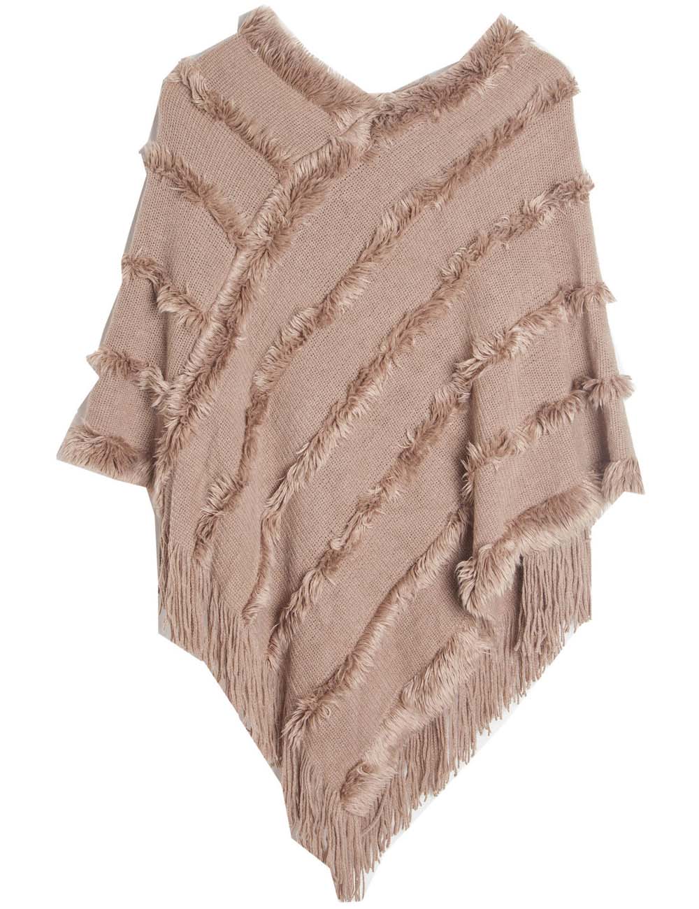 Ladies Tassel Trim Scarf V-Neck Solid Color Knit Shawl