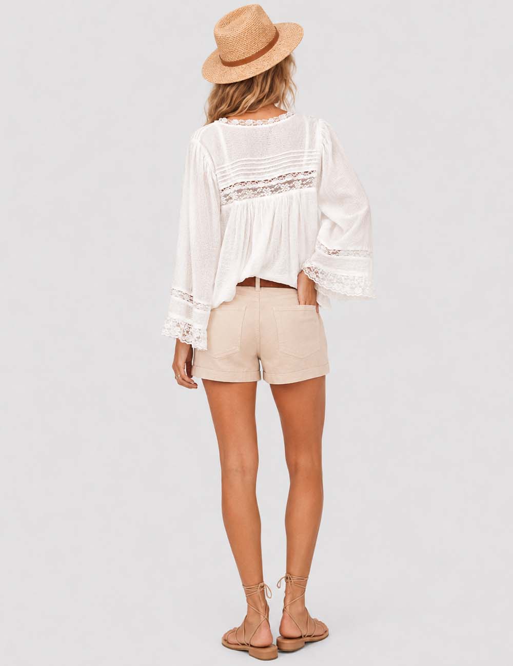 Ladies Solid Color Eyelets Ruffle Lace Blouse