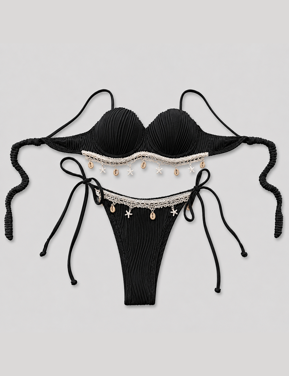 Ladies Solid Color Shell Decor Sweetheart Neck Bikini Set