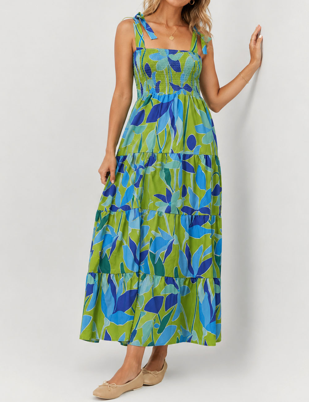 Ladies Abstract Print Smocked Tie Strap Square Neck Midi Dress