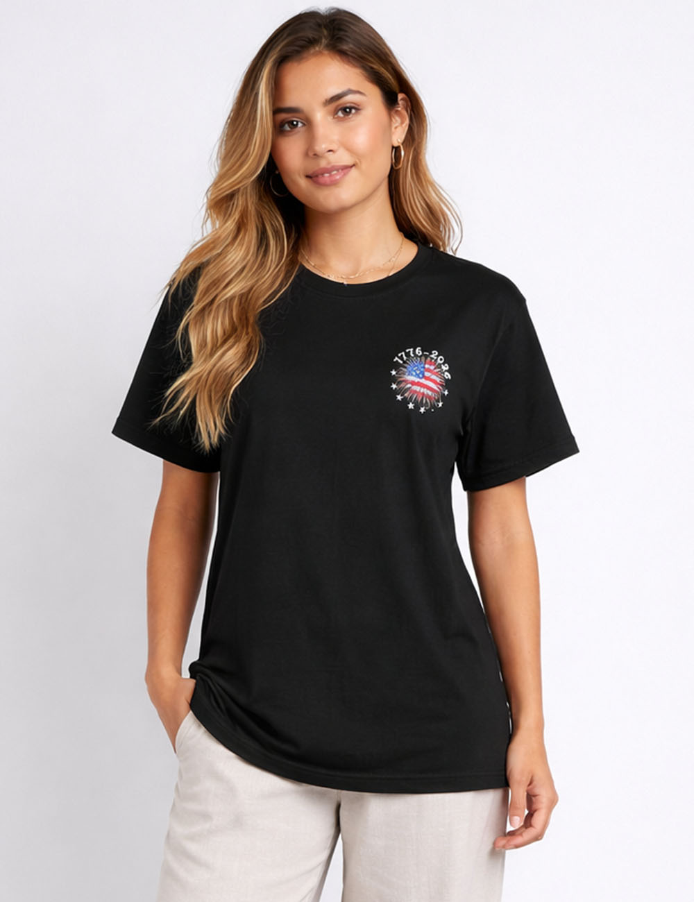 Ladies 4th of July outfit American Flag Stars Print Pullover T-Shirt