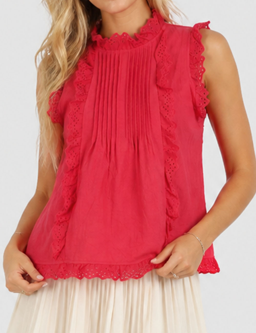 Ladies Boho Eyelet Lace Pleated Round Neck Sleeveless Babydoll Top