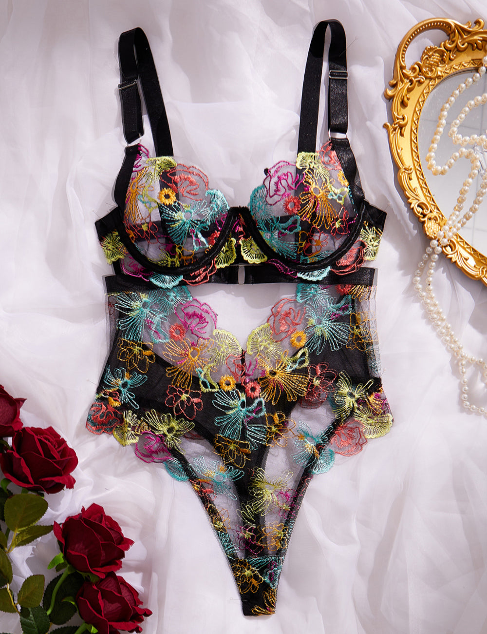 Ladies Rose Embroidery See Through Lingerie Teddy SKLG4038