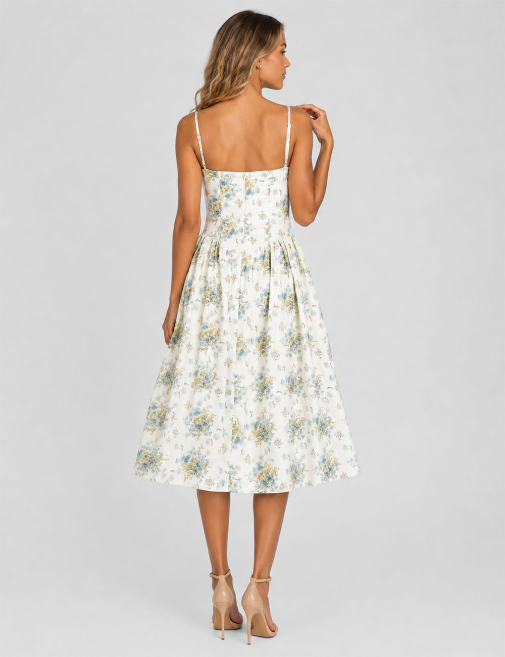 Ladies Floral Print Corset Spaghetti Strap Midi Dress