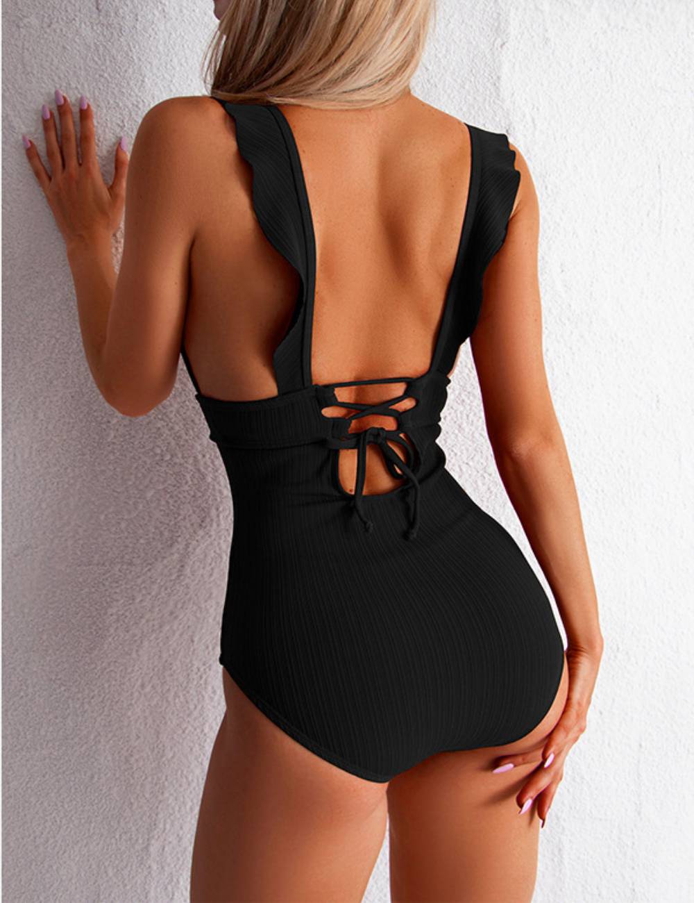 Ladies Rib Ruffle Neck One Piece Swimwear SKSW40079