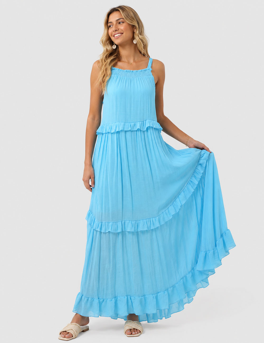 Ladies Boho Ruffle Tiered Hem Sleeveless Solid Color Maxi Dress