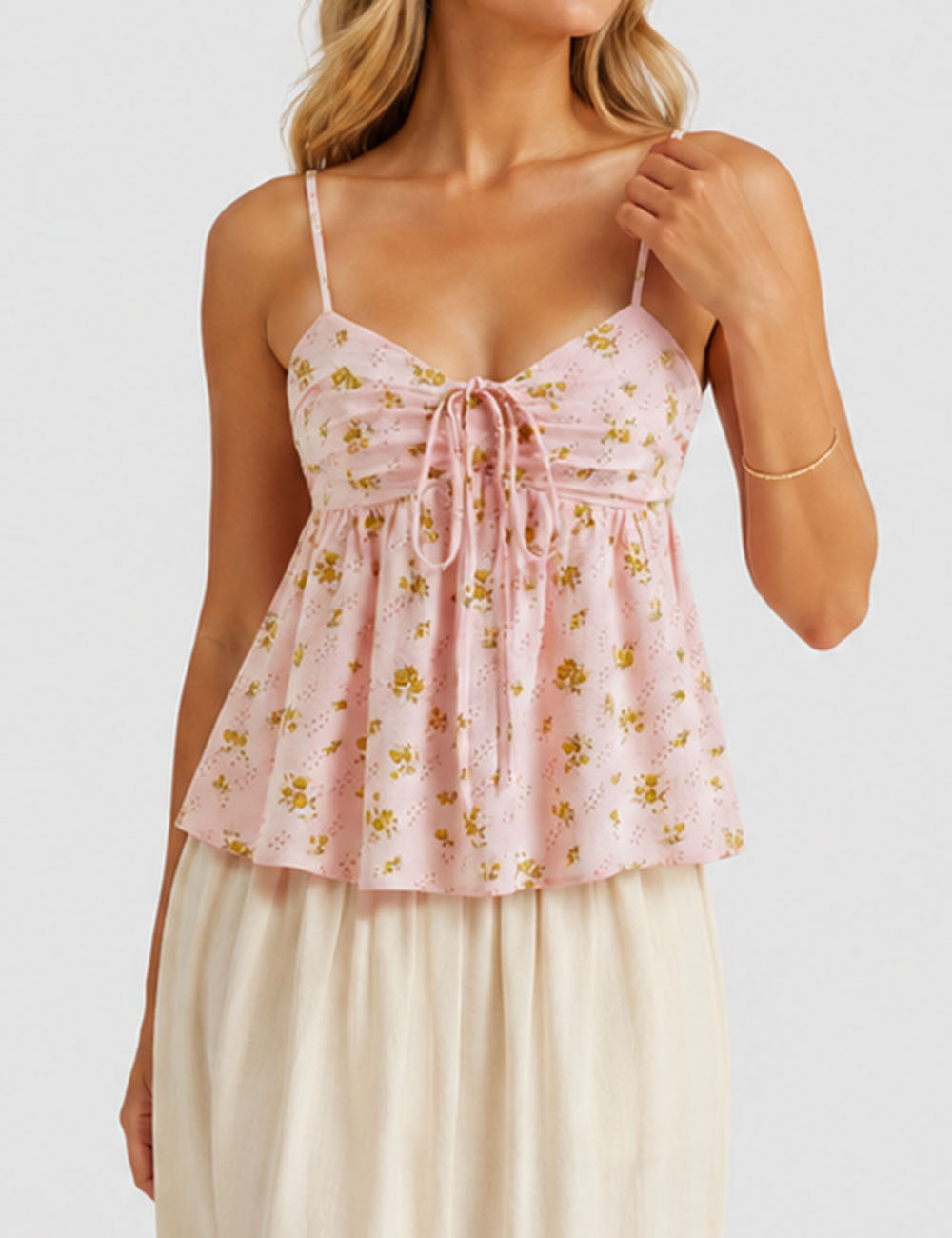 Ladies Boho Floral Print Tie Neck Cami Top