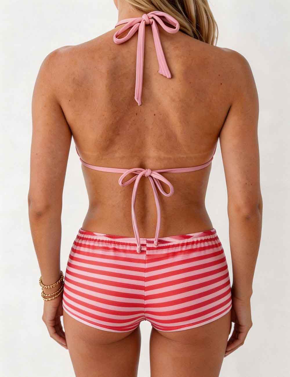 Ladies Striped Tie Back Triangle Halter Bikini Top & Shorts Swimsuit Set