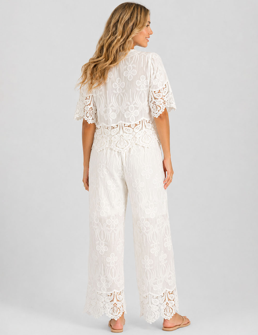 Ladies Crochet Lace Embroidered Button Top & Pants Set