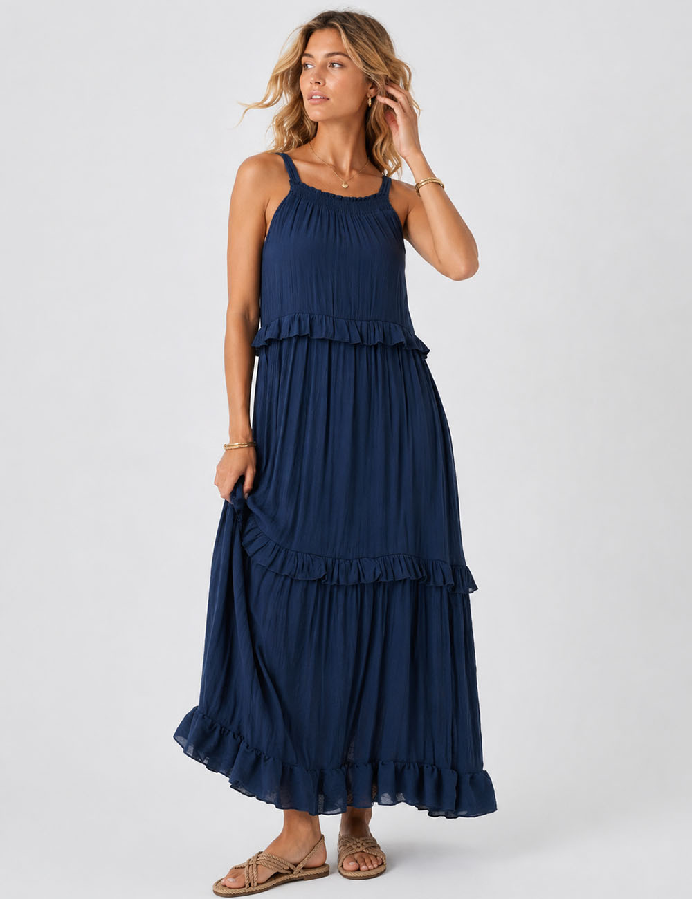 Ladies Boho Ruffle Tiered Hem Sleeveless Solid Color Maxi Dress