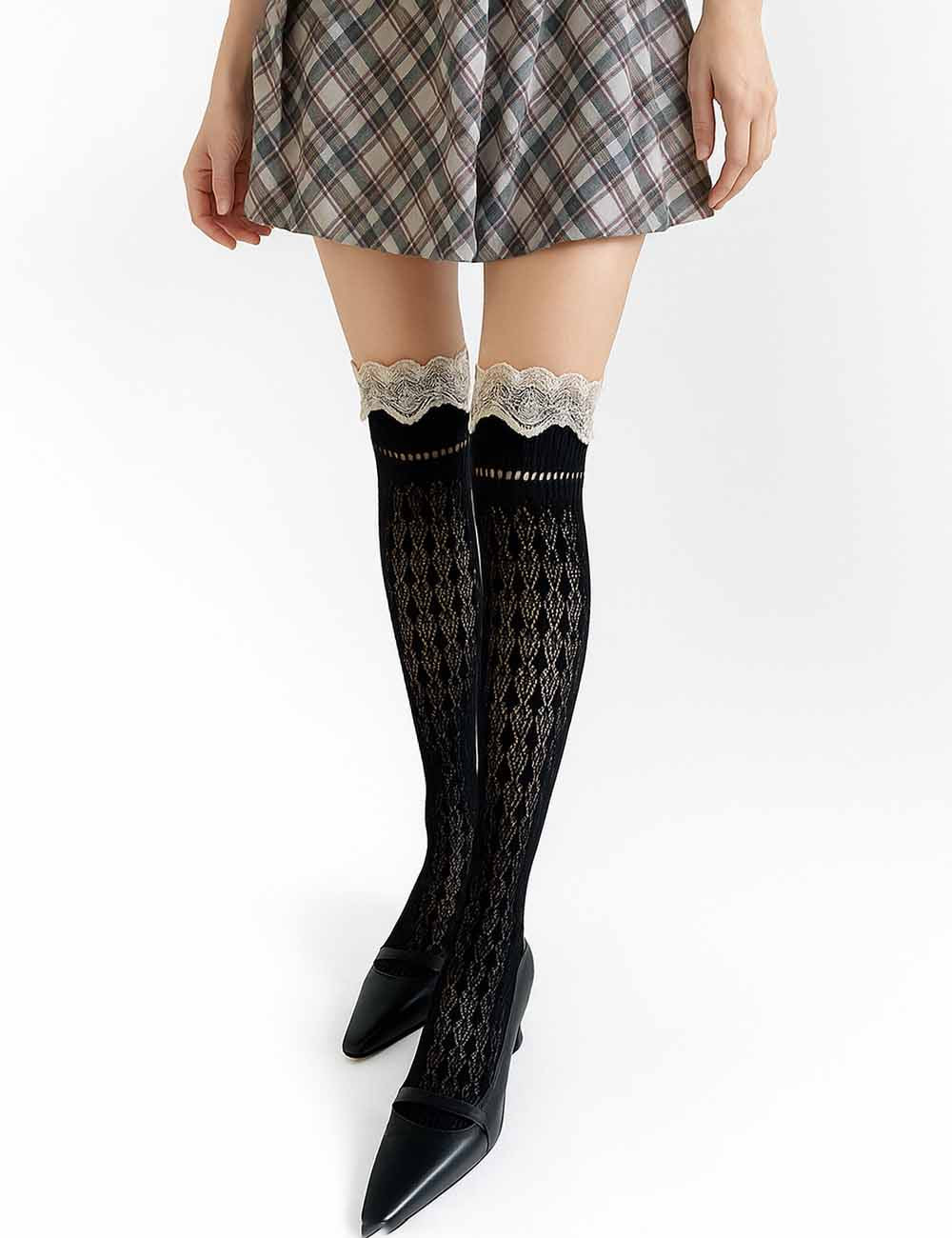 Ladies Vintage Lace Trim Knit Knee High Slouch Socks