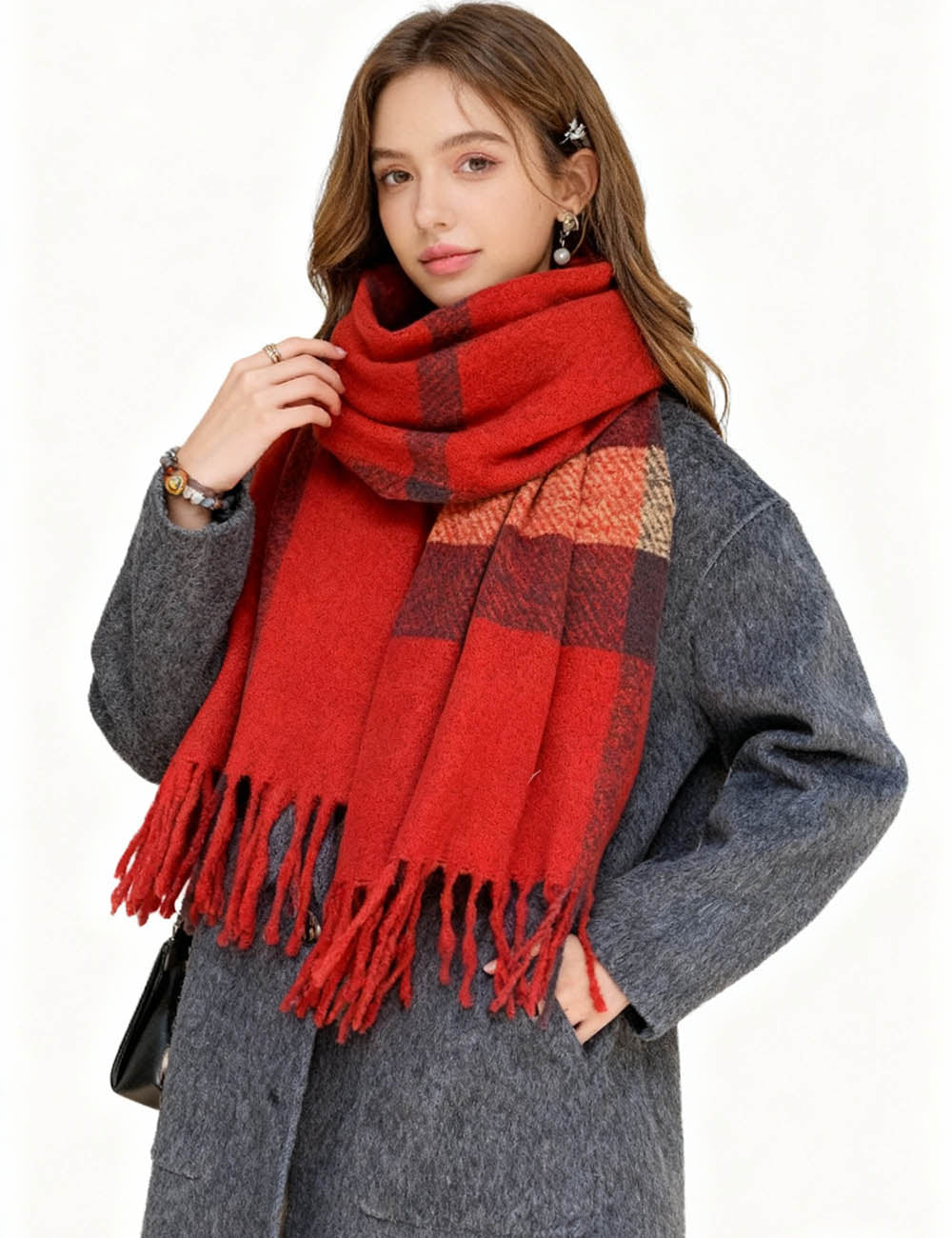 Ladies Cozy Winter Plaid Tassel Knit Scarf