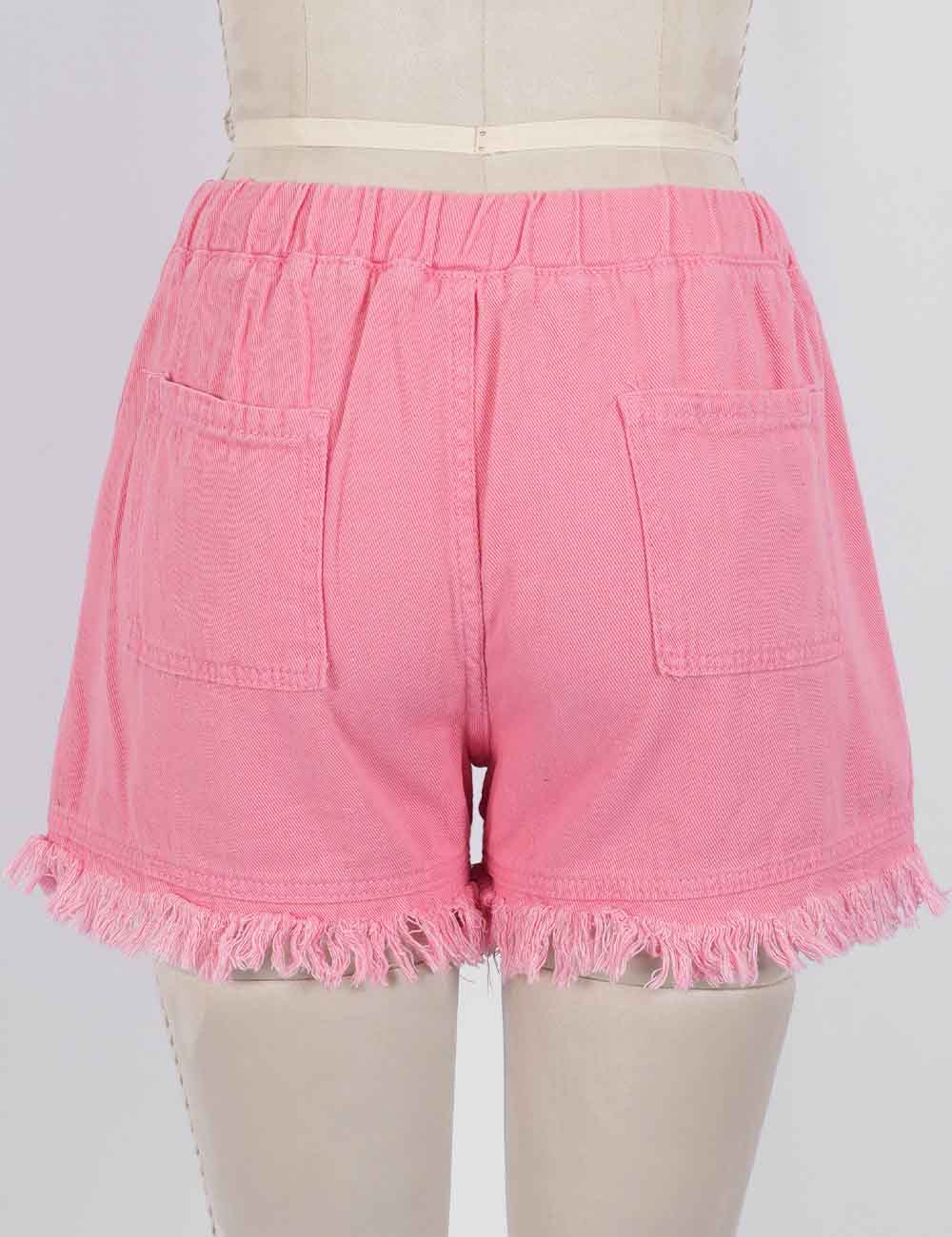 Ladies Solid Color Drawstring Waist Frayed Hem Denim Shorts