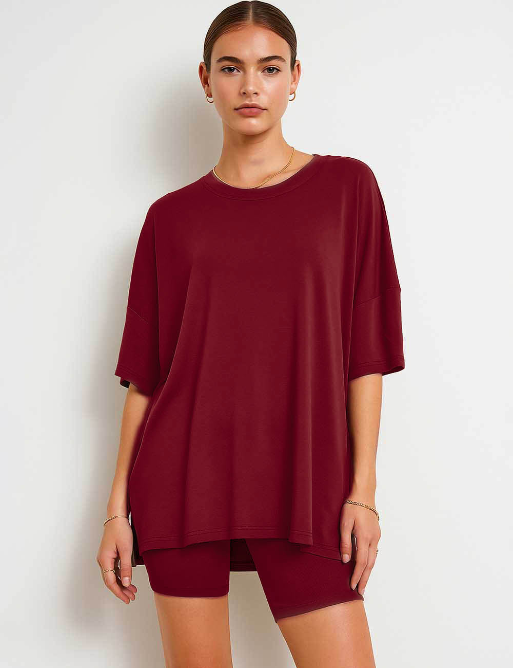 Ladies Solid Loungewear Outfits Loose Top & Slim Shorts Set