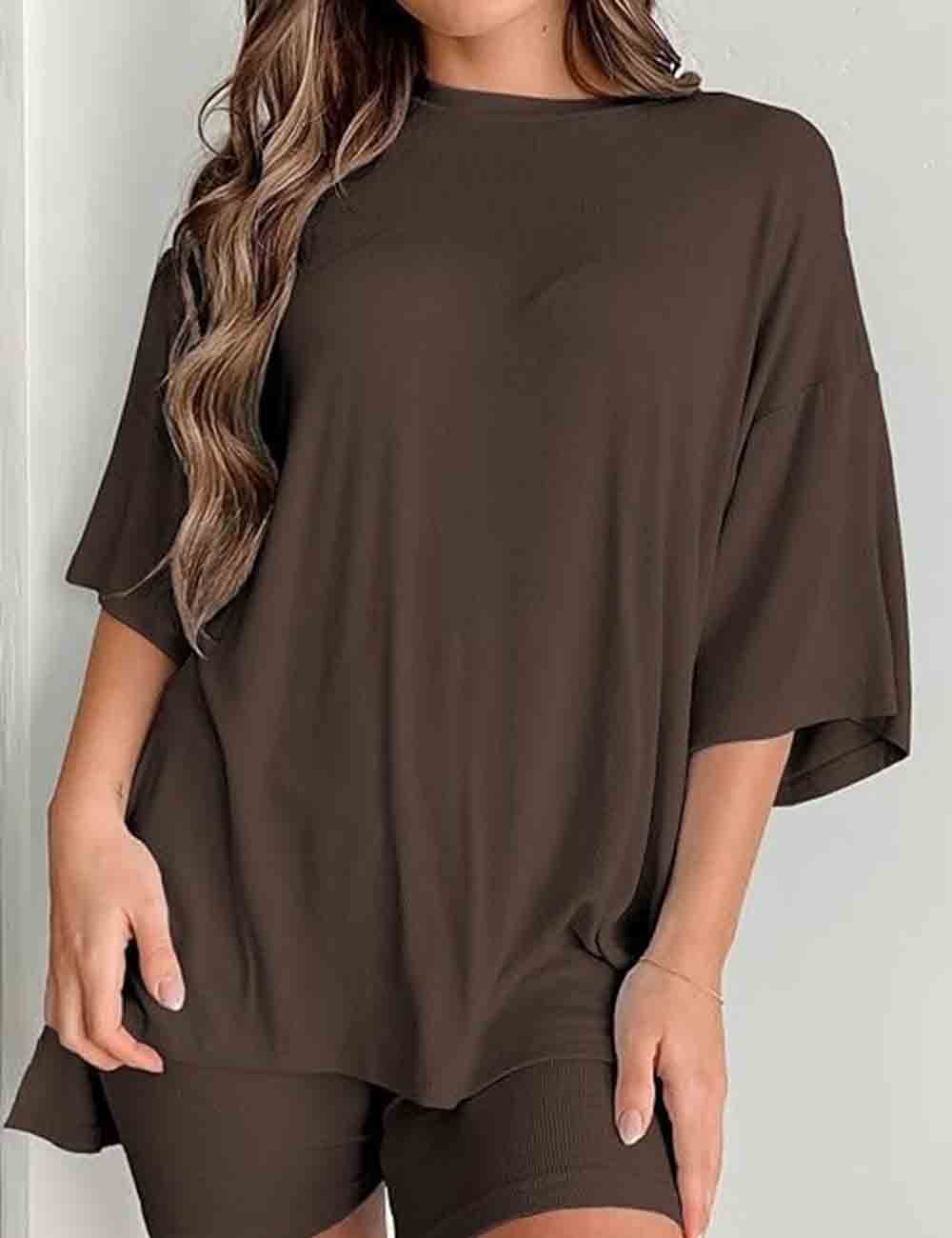 Ladies Solid Loungewear Outfits Loose Top & Slim Shorts Set