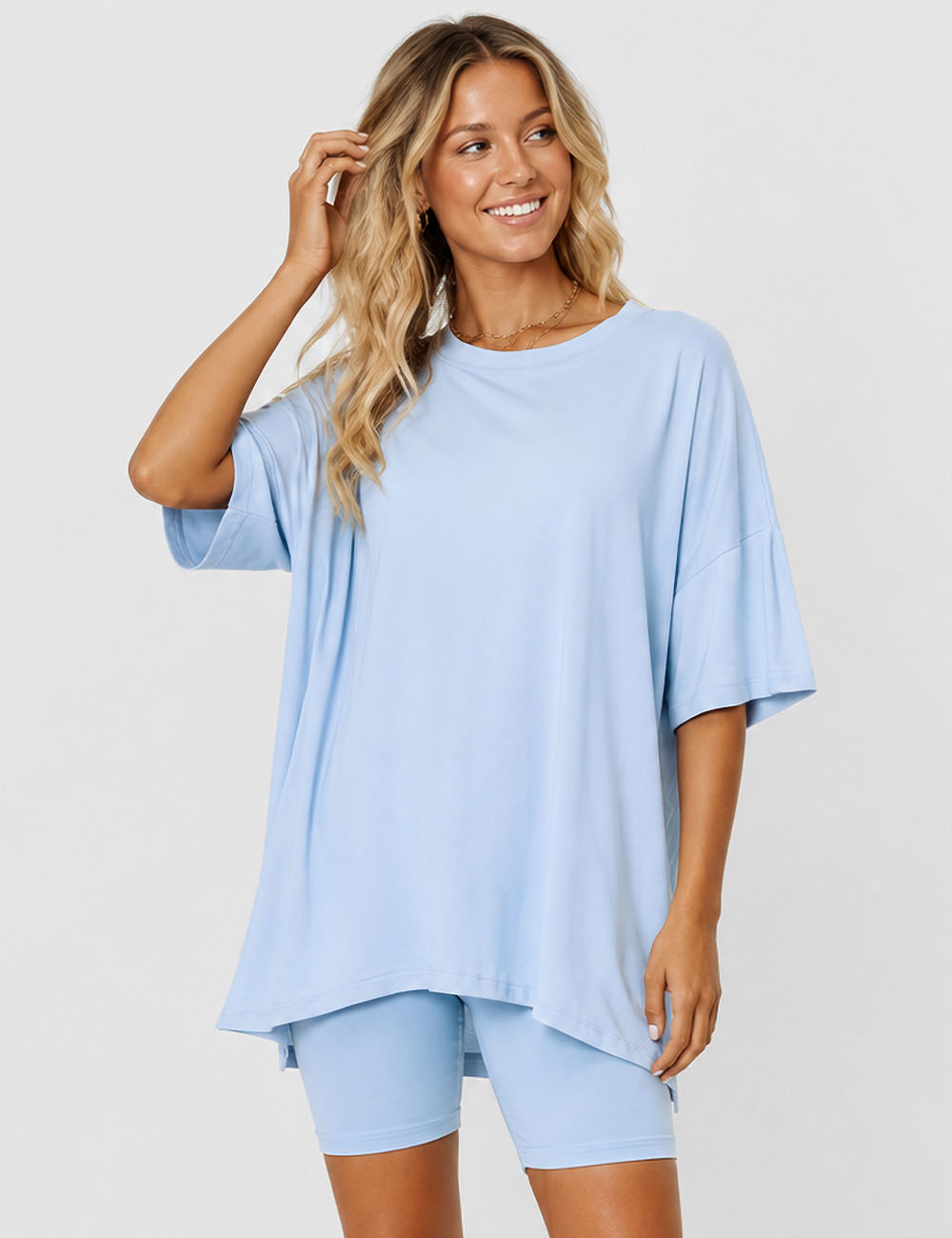 Ladies Solid Loungewear Outfits Loose Top & Slim Shorts Set