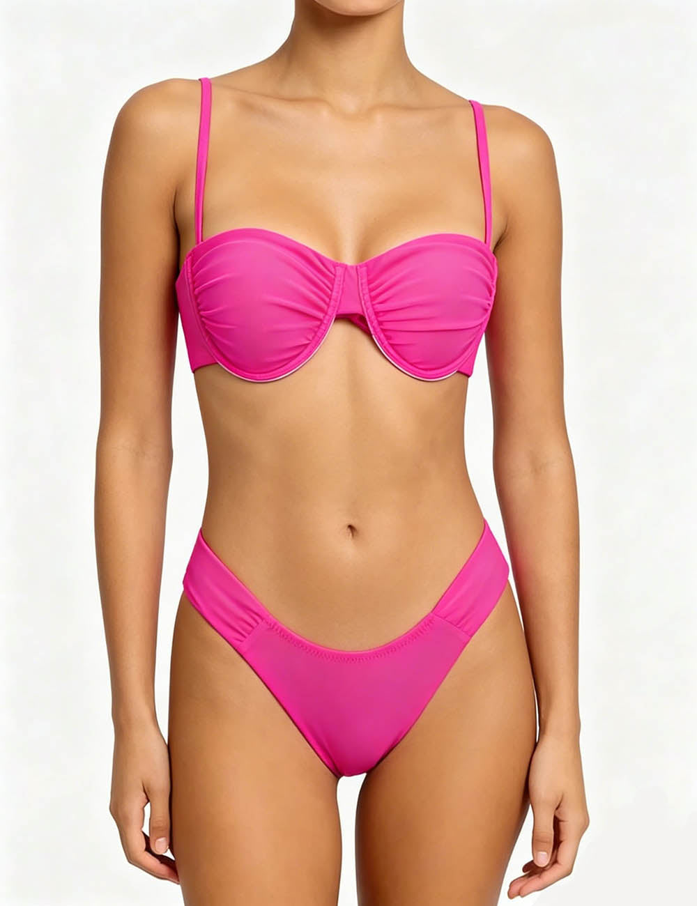Ladies Solid Color Spaghetti Ruched Underwire Bikini Set