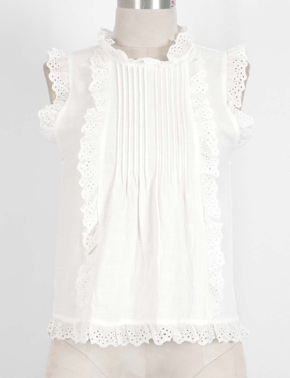 Ladies Boho Eyelet Lace Pleated Round Neck Sleeveless Babydoll Top