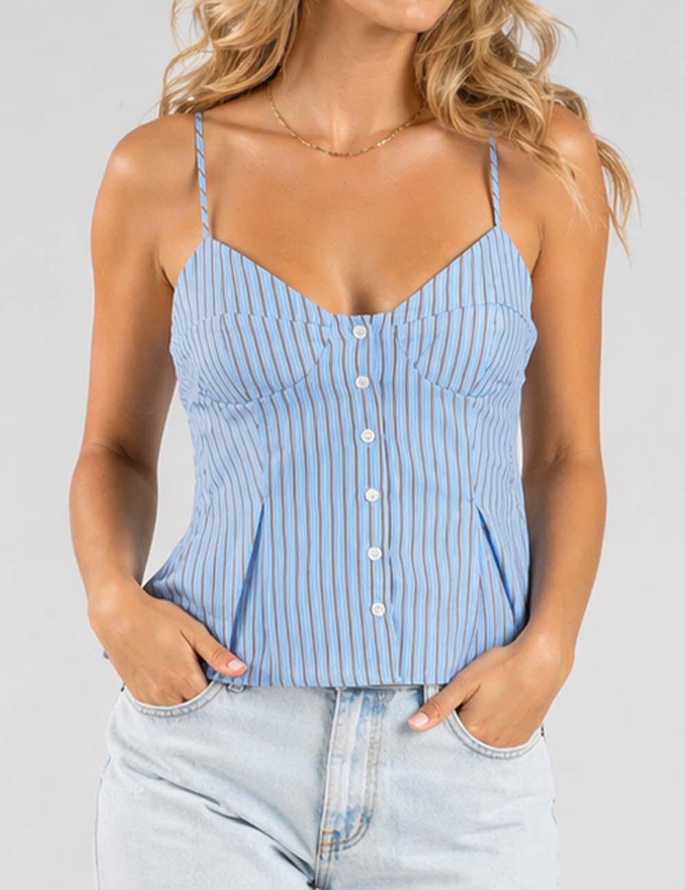 Ladies Chic Striped Spaghetti Strap Button Front Peplum Cami Top