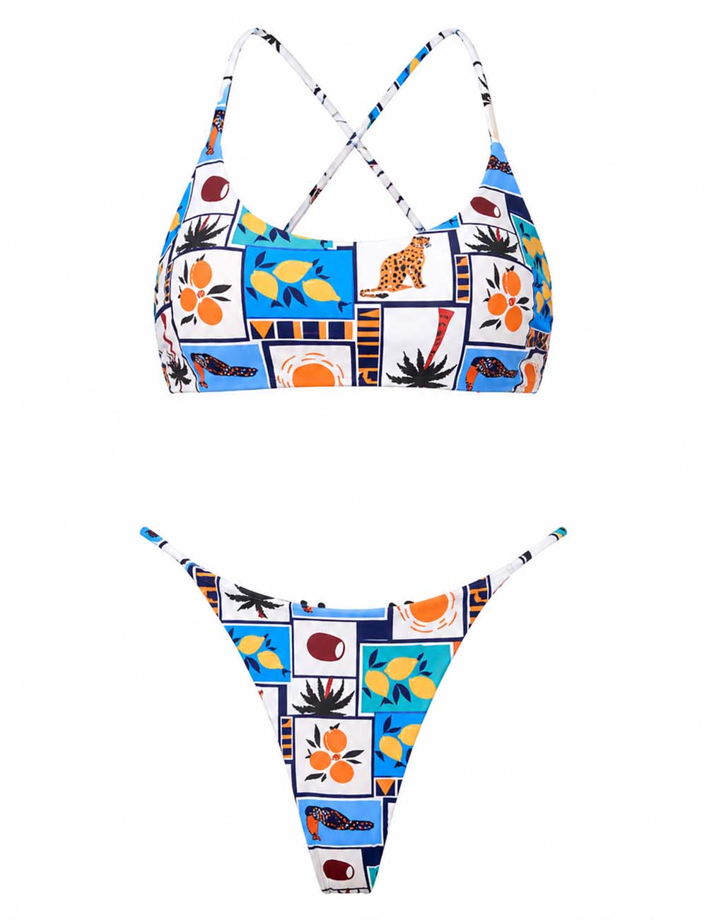 Ladies Tropical Print Halter Scoop Neck Triangle Bikini Set