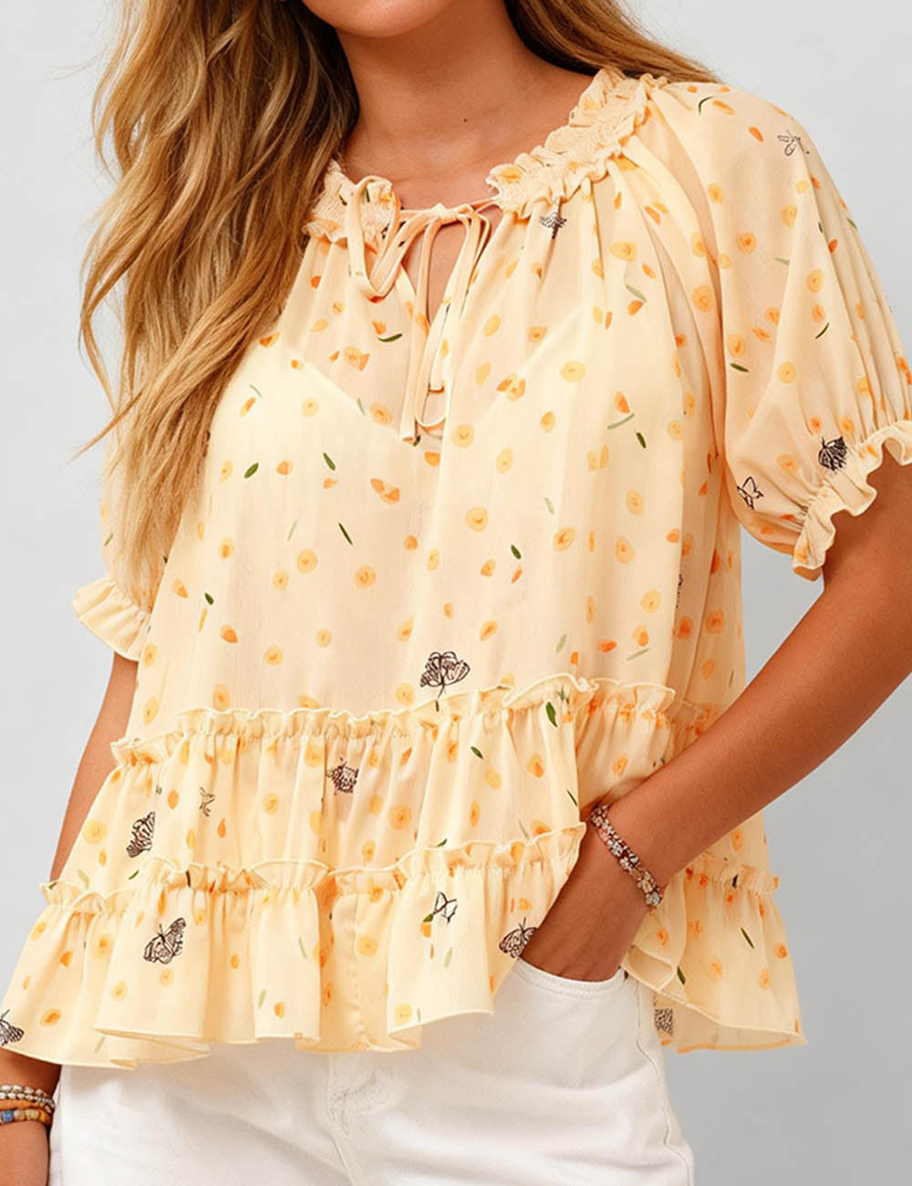 Ladies Floral Print Ruffle Hem Tie Neck Short Sleeves Babydoll Blouse