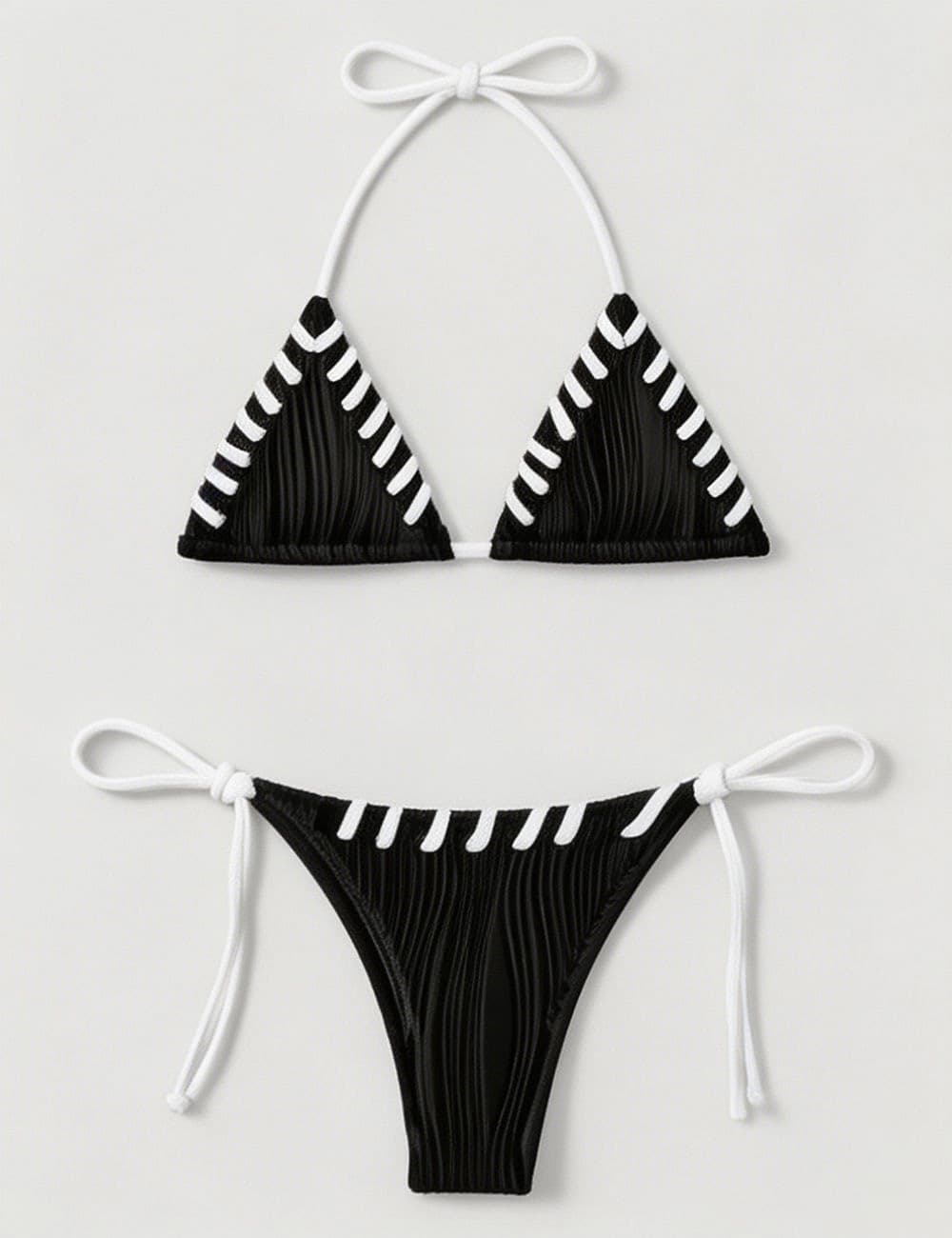 Ladies Contrast Stitch Ribbed Halter Triangle 2 Piece Bikini Set