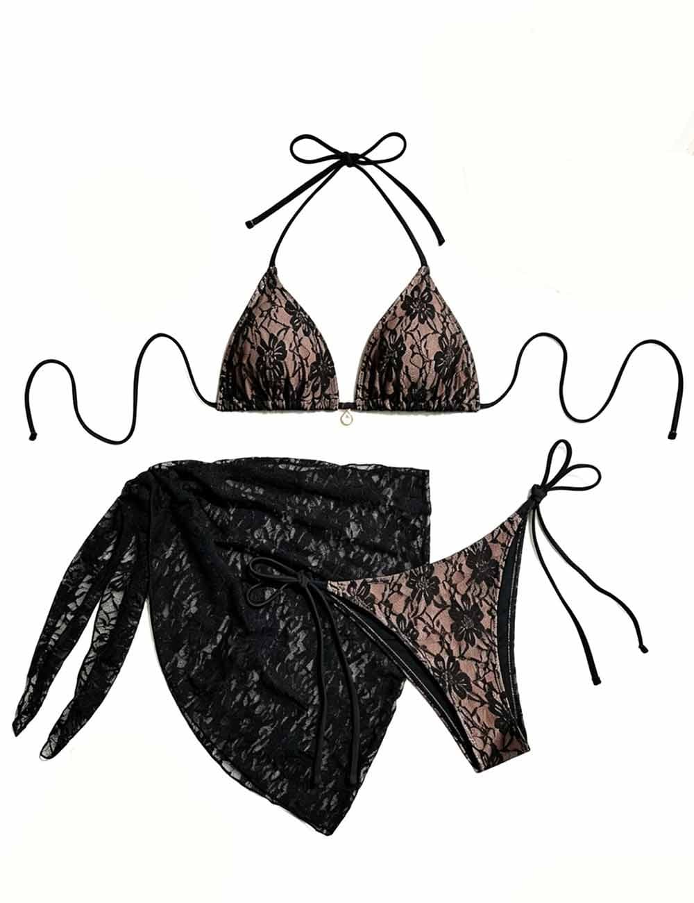 Ladies Floral Lace Mesh Triangle Bikini Set with Sarong Set