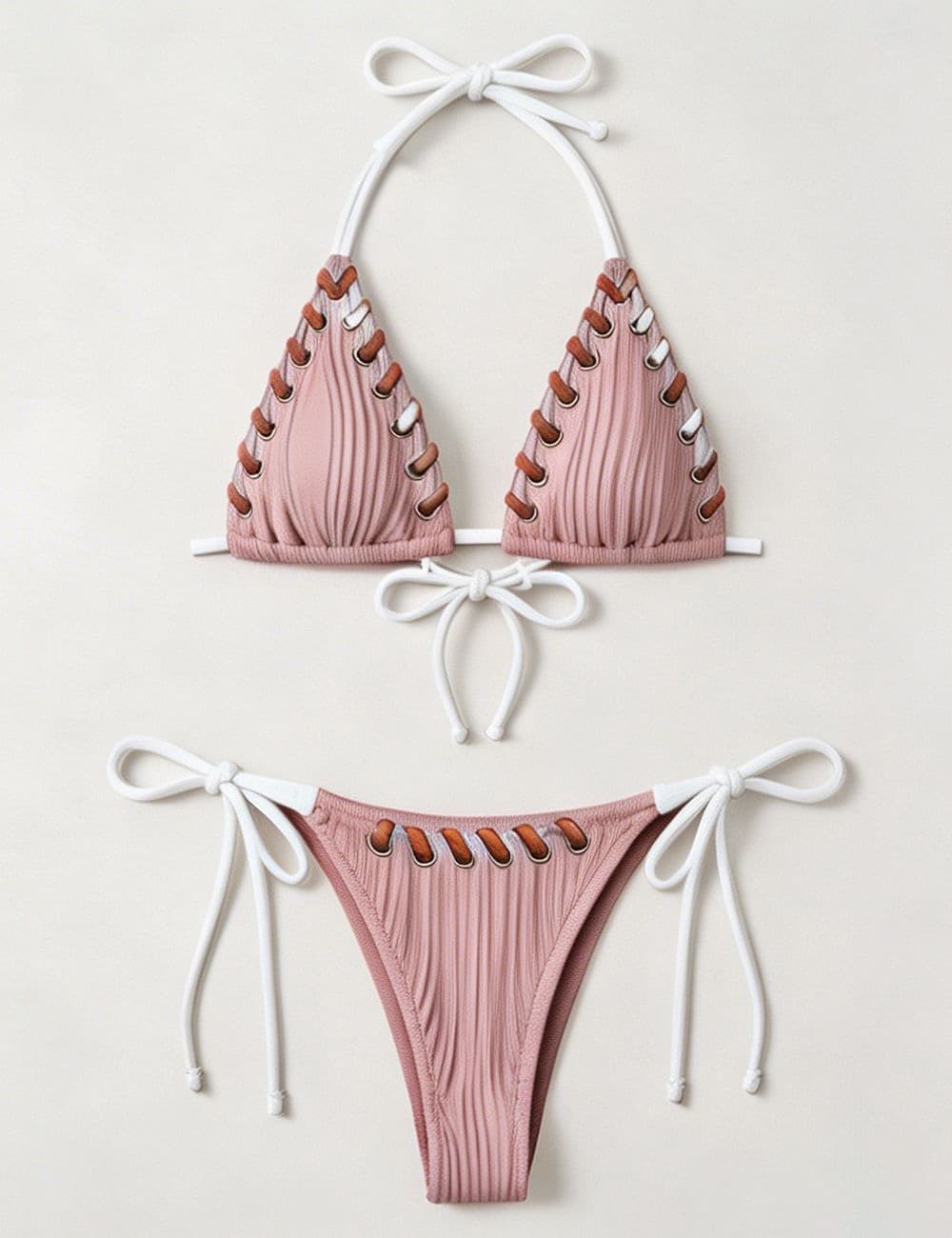 Ladies Braided Trim Ribbed Halter Triangle 2 Piece Bikini Set
