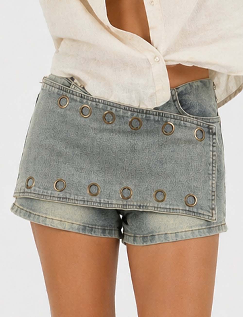 Ladies Metal Eyelet Wrap Denim Mini Shorts