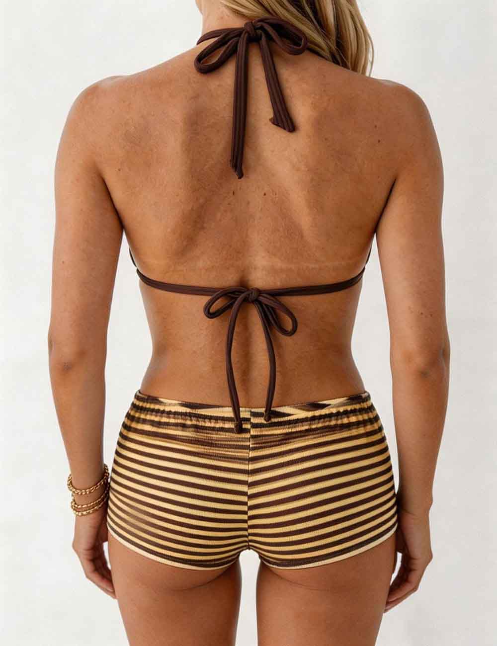 Ladies Striped Tie Back Triangle Halter Bikini Top & Shorts Swimsuit Set