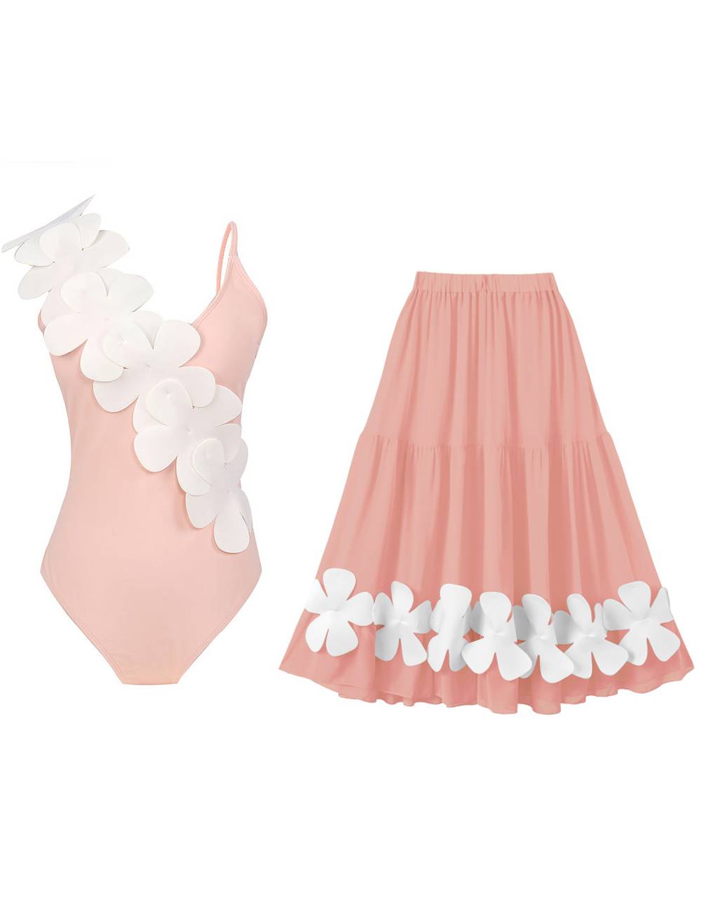 Flower Shoulder One Piece Swimwear 2PCS Set SKSW40141
