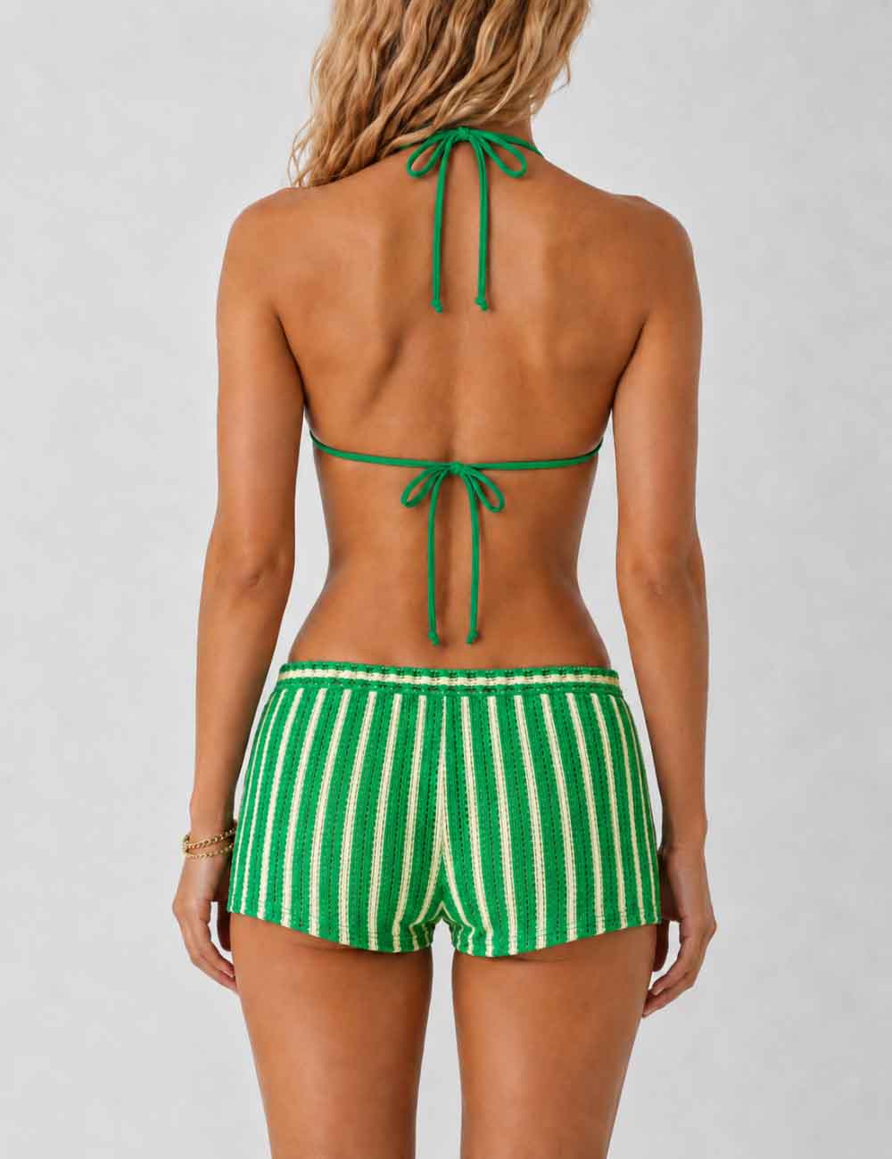 Ladies Striped Crochet Triangle 3 Piece Bikini Set With Cover Up Shorts