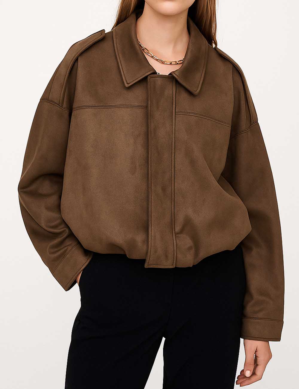 Ladies Faux Suede Bomber Jacket Shirt Collar Zip-Up Coat