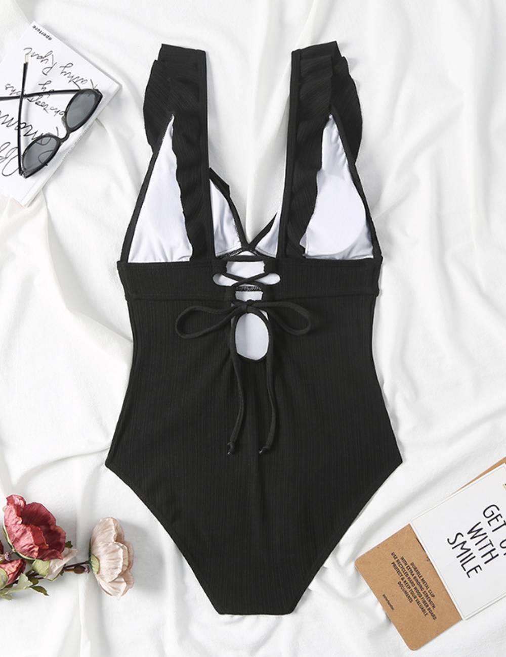 Ladies Rib Ruffle Neck One Piece Swimwear SKSW40079