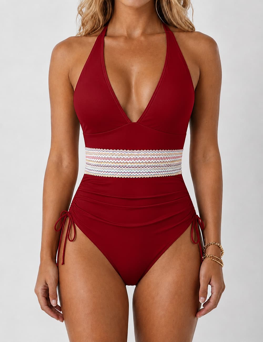 Ladies Deep V-Neck Adjustable Side Drawstring One Piece Swimsuit