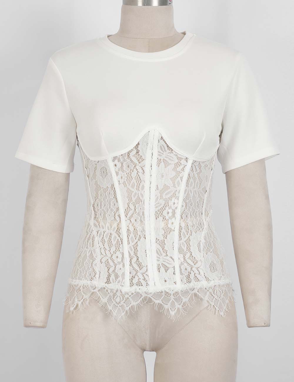Ladies Lace Scalloped Hem Round Neck Short Sleeves Top