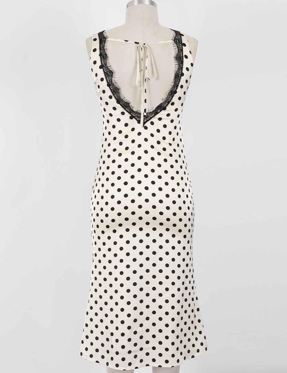 Ladies Chic Polka Dot Lace Trim V-Neck Sleeveless Midi Dress